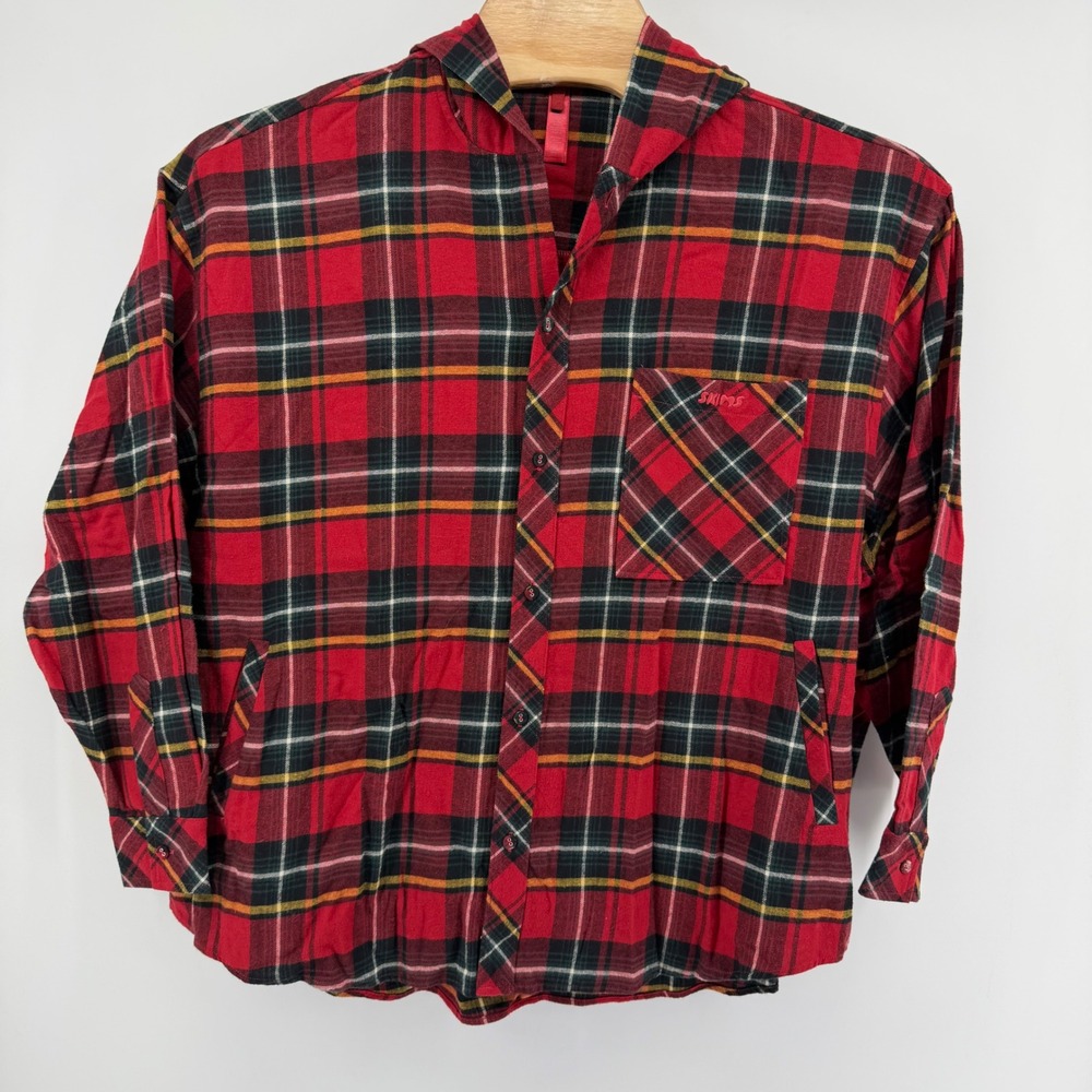 SKIMS Flannel Red Hooded Oversized small Sleep Shirt Brick Holiday Plaid SKU719